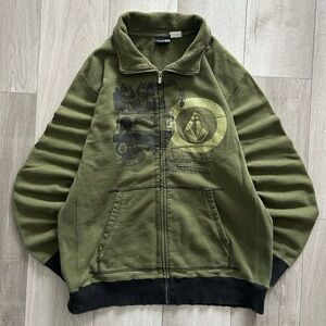 Y2K Volcom Green Collar Zip Up Sweater Size Large With Puff Print Logo